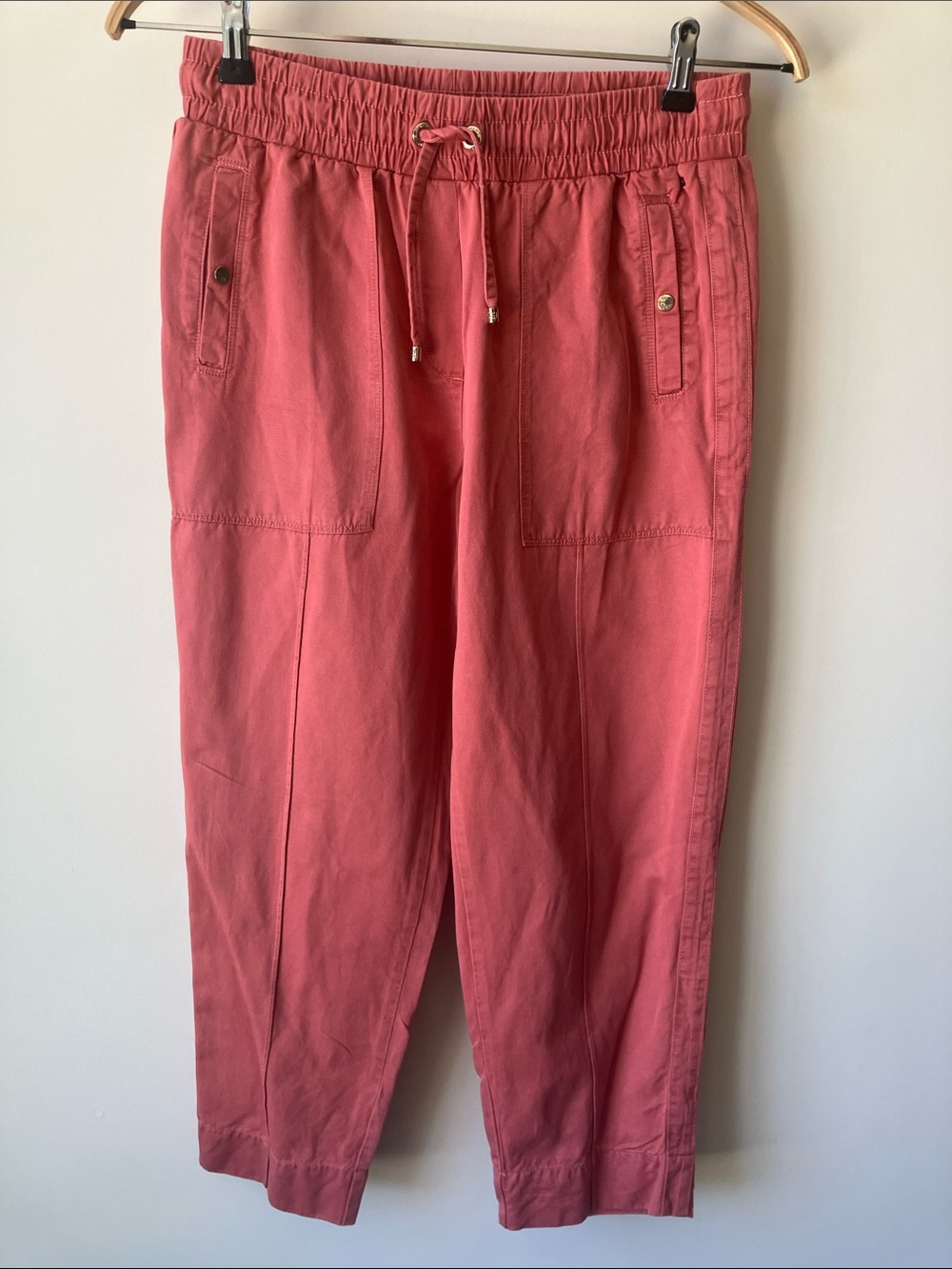 TOMMY HILFIGER Coral Drawstring Cropped Pull-On Pants Gold Buttons Size S/P